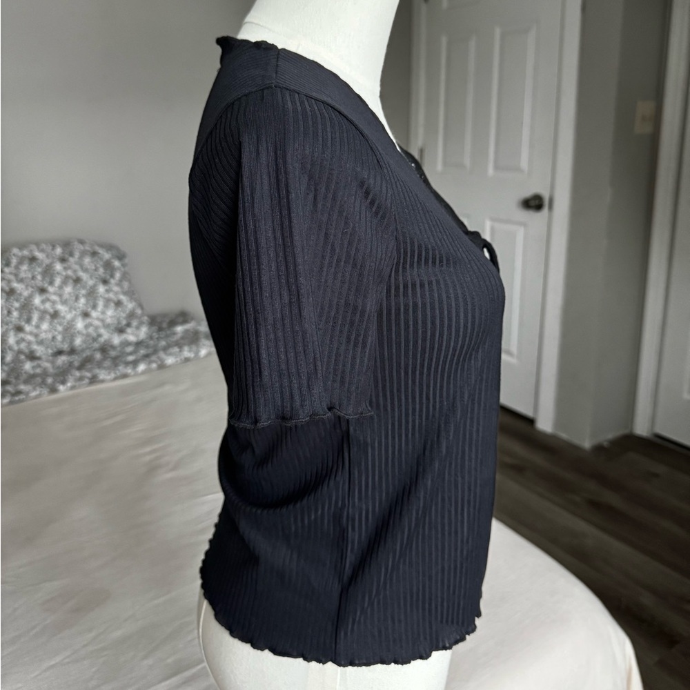 Poof New York | Black Ribbed Tie Front Top - Picture 3 of 6